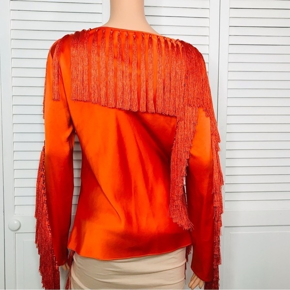 DIANE VON FURSTENBERG Tangerine V-Neck Fringe Blouse Size 8 - Picture 9 of 9